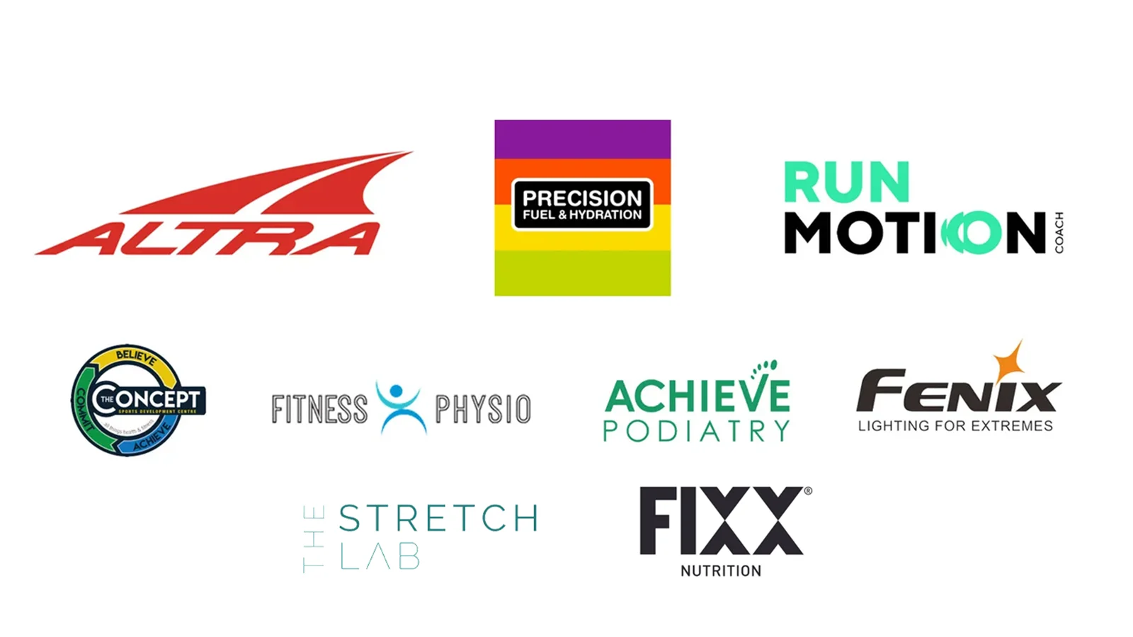 RunLab partners: Altra, Precision Fuel & Hydration, RunMotion Coach, The Concept Sports Development Centre, Fitness Physio, Achieve Podiatry, Fenix, The Stretch Lab and Fixx Nutrition