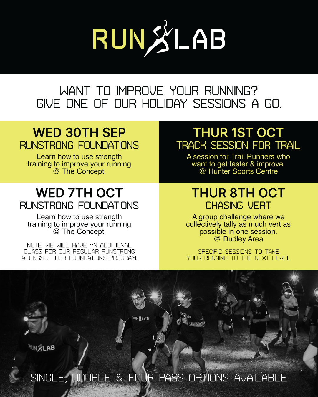 RunLab holiday sessions: Wed 30 Sep and Wed 7 Oct Runstrong Foundations at The Concept, Thu 1 Oct track session for trail at Hunter Sports Centre, Thu 8 Oct Chasing VERT in the Dudley area